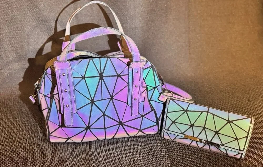 Geometric Holographic Prism Handbag Purse Matching Wallet Iridescent Crossbody